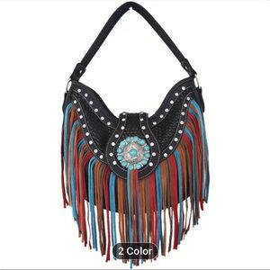 Fringe Boho Chic Shoulder Bag - Black and Multicolor